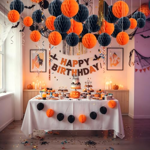 Halloween Paper Honeycomb Balls - 12pcs Black & Orange Hanging Decorations
