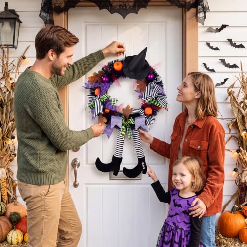 Halloween Wreath with Witch Legs and Black Hat for Front Door - Spooky Halloween Decor