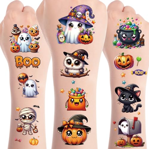 Halloween Temporary Tattoos Set - 8 Sheets 200+ Spooky & Cute Designs - Happy Boo Day Variation