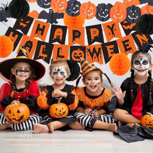 Halloween Party Decorations Banner Pumpkin Bats & Pom Poms Set - Fall Festive Decor