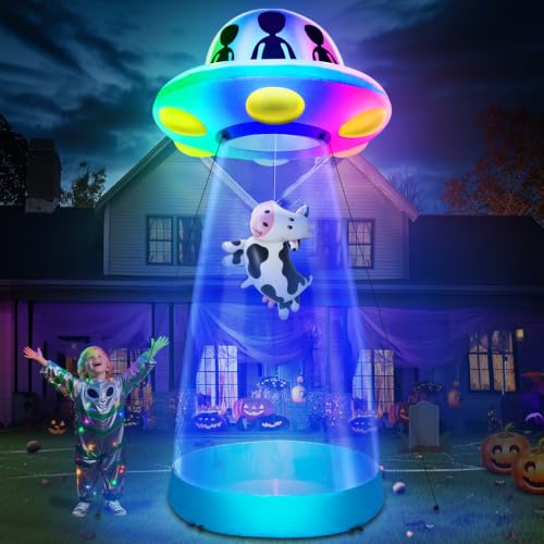 Tall Halloween Inflatable UFO Cow Abduction Decoration - 10 Ft with RGB Lights