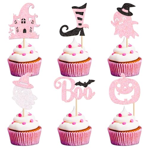 Pink Ghost Boo Cupcake Toppers - 24Pcs Halloween Cake Picks - Pink Castle Variation