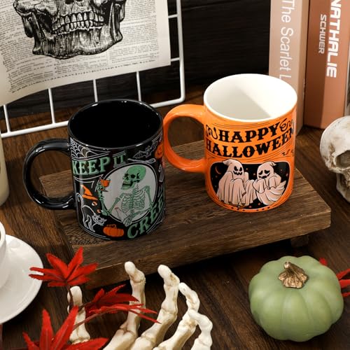 Halloween Ceramic Mug Set - Spooky Pumpkin Black Cat Ghost Skeleton 12oz Coffee Cups