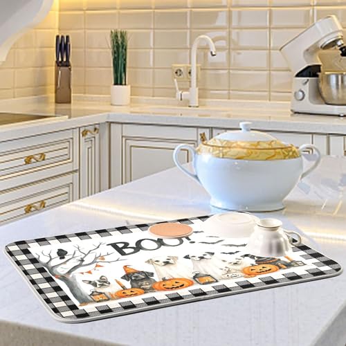Halloween Dogs Dish Drying Mat 16x18 Inches Raven Bat Pumpkin Reusable Microfiber