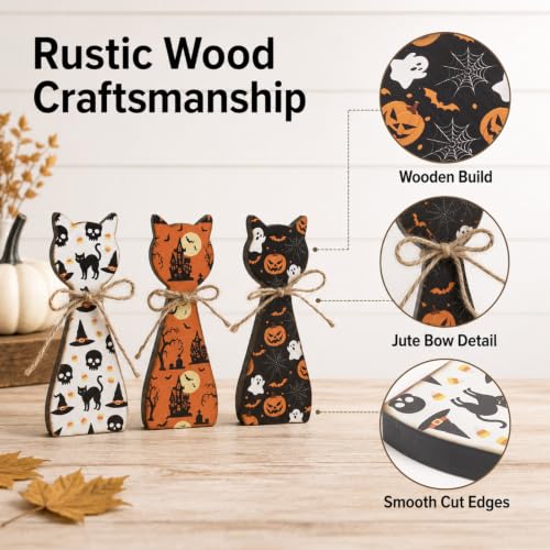 Halloween Cat Figurines Set - Black & White Rustic Wooden Decor for Tiered Tray, Mantle & Shelf