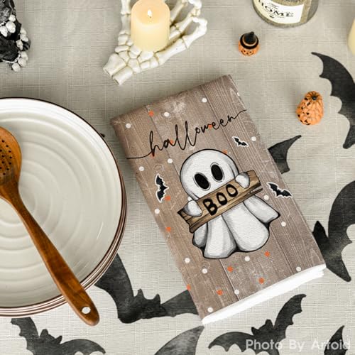 Wood Cat Ghost Halloween Kitchen Towels Set of 2 - 18x26 Inches, Artoid Mode