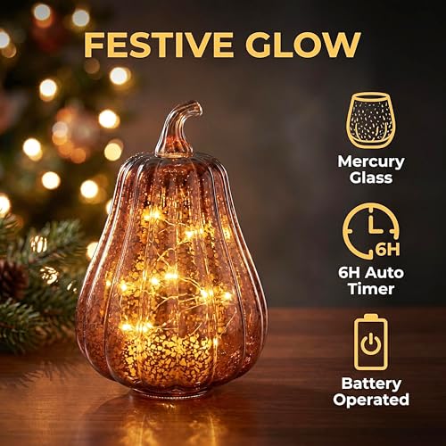 Mercury Glass Pumpkin Lights with Timer - Fall Home Decor - Coffee