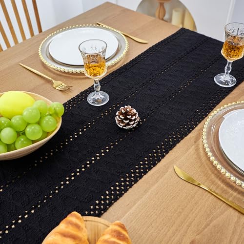 Black Table Runner with Tassels - Boho Fall Decor 12x90 Inch - FEXIA Variation
