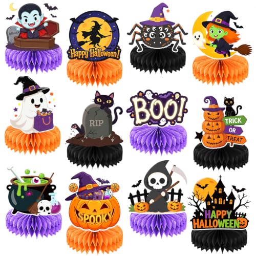 Halloween Honeycomb Centerpieces Set - 12pcs Halloween Party Decor - Ghost, Pumpkin, Witch, Vampire & Black Cat - Reusable & Waterproof - Halloween