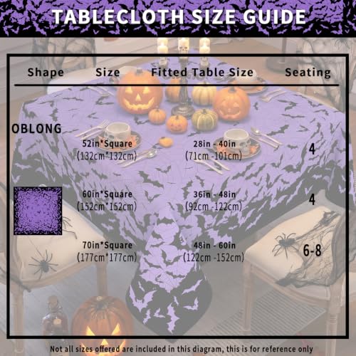 Halloween Bat and Spiderweb Square Tablecloth 70x70 Inch - Purple, Machine Washable