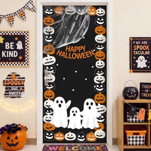 Halloween Door Sticker Decal Set with Spider Web & 5 Spiders - Pink Ghost Variation