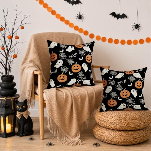 Ghost Bat Spider Web Halloween Throw Pillow Cover 16x16 Inches - Home Decor