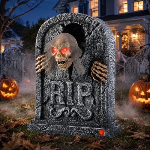 Motion Activated Halloween Animatronic Zombie Tombstone with LED Eyes & Creepy Voice - Indoor/Outdoor Decor