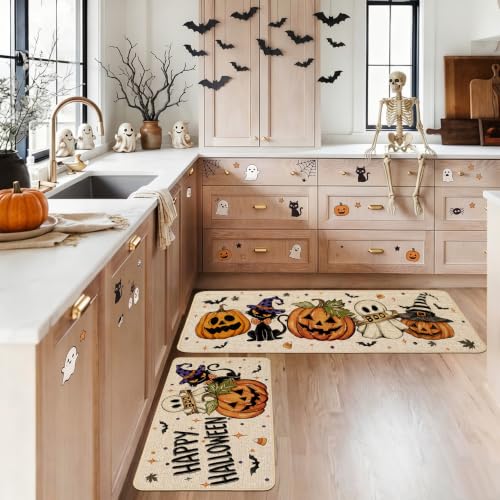 Halloween Ghost Kitchen Rugs Set of 2 - 17x29 & 17x47 Inches, Black Cat Variation
