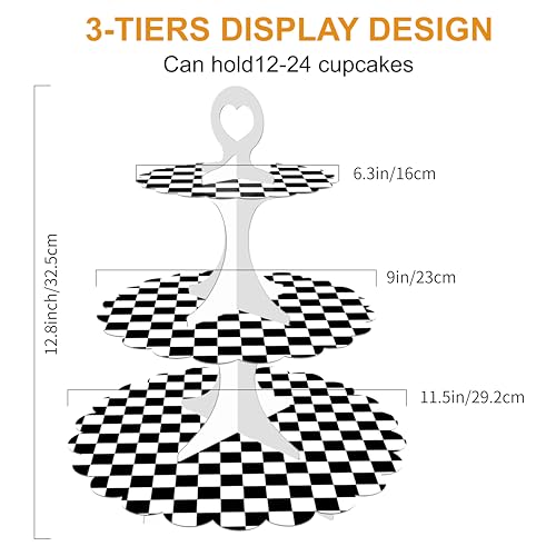 Black White Race Car Cupcake Stand 2-Pack - 3-Tier Dessert Tower for Car Birthday