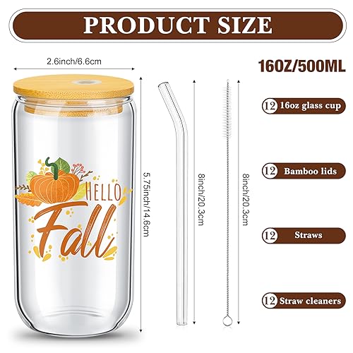 12 Pack Fall Glass Drinking Cups with Lids and Straws - 16oz Pumpkin Design for Thanksgiving Halloween Autumn