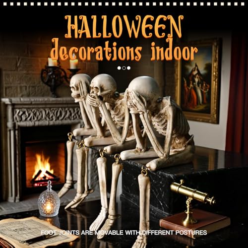 Halloween Skeleton Statues Set of 3 - Resin Gothic Skeleton Decor - See No Evil Hear No Evil Speak No Evil