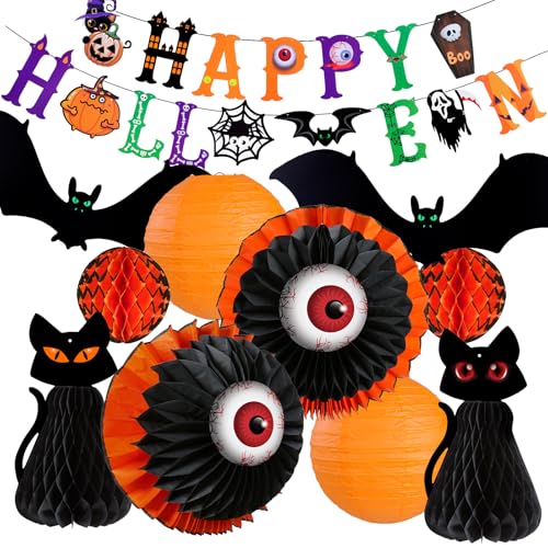 Halloween Paper Lantern Decorations Set with Black Cat Eyeball Bats Banner - Indoor Party Props