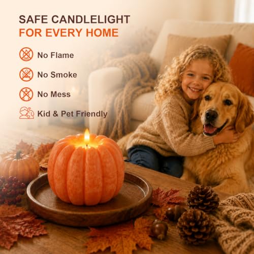 Large Flameless Pumpkin Candle - Real Wax Halloween Fall Decor, Orange