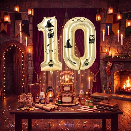 40 Inch Gold Foil Wizard Number 10 Balloon Birthday Decor with Stickers - Magic Theme