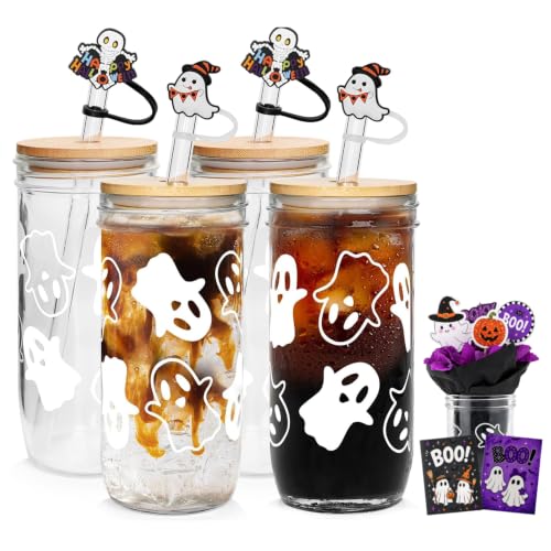 White Ghost Mason Jar Drink Cups Set - 24oz Halloween Tumblers with Lids & Straws