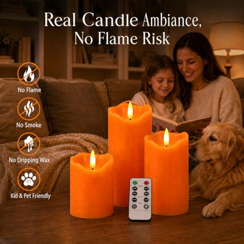 Orange Flameless Pillar Candles Set - 3 Sizes with Remote & Timer - Halloween Decor