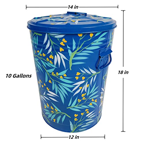 Hand Painted Metal Trash Can with Lid - Blue Flower Design, 10 Gallons