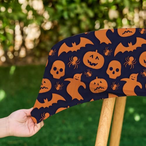 Halloween Black Outdoor Round Fitted Tablecloth 24 Inch with Orange Spider & Bats - Elastic, Washable, Wrinkle-Free