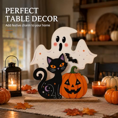 Halloween Wooden Decor Set - Ghost, Black Cat & Pumpkin Farmhouse Table Centerpieces