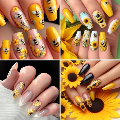 6 Sheets Sunflower & Floral Nail Stickers Self-Adhesive 3D Nail Art Decals