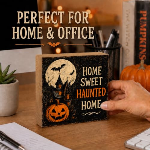 Home Sweet Haunted Home Halloween Wooden Sign - Rustic 5x5 Inch Decor for Tiered Tray, Mantel & Gift