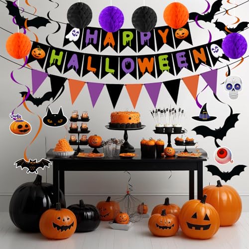 Halloween Decoration Set - Purple, Black & Orange Bundle with Bats & Honeycomb Balls