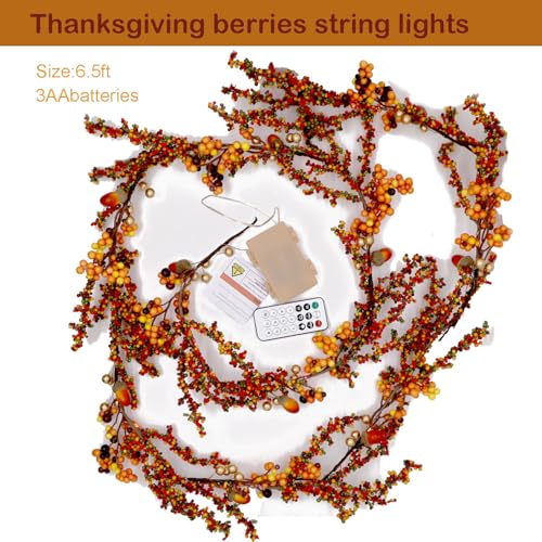 Berry Garland with Lights - Fall 6.5FT Battery Operated Fairy Lights with Remote
