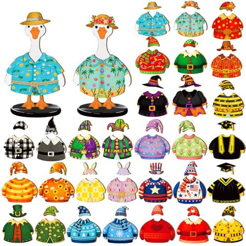 Wooden Goose Figurine Set with 60 Interchangeable Outfits - Festive Desktop Decor