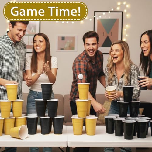 Black and Gold Plastic Cups 16 oz Pack of 100 - Party Disposable Drinkware with Textured Grip