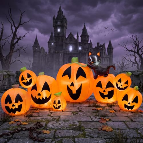 Bright Halloween Orange 10FT Inflatable Pumpkin with Witch's Cat - Outdoor Decorations
