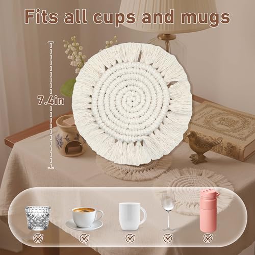 Boho Cotton Coasters for Drinks - Handmade Beige 7.4in Set of 2