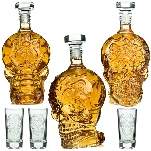 Skull Tequila Decanter Set with 6 Shot Glasses - Handmade Glass Barware Gift