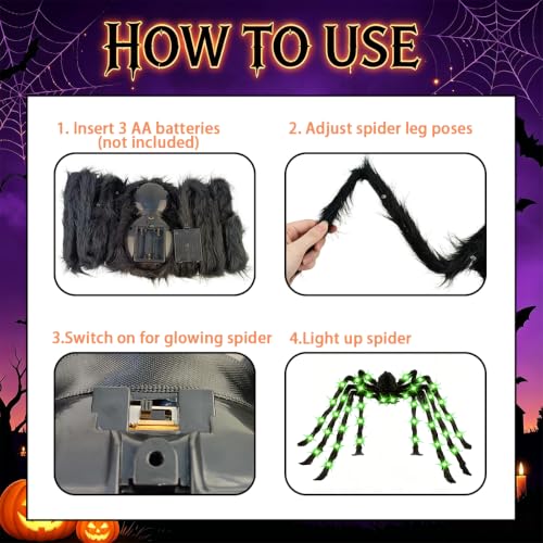 Giant 6.6ft Halloween Light-Up Spider Decor - Realistic Scary Outdoor Indoor