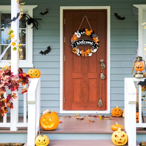 Welcome Mouse Halloween Wreath Door Decoration - Rustic Wooden Hanging Sign