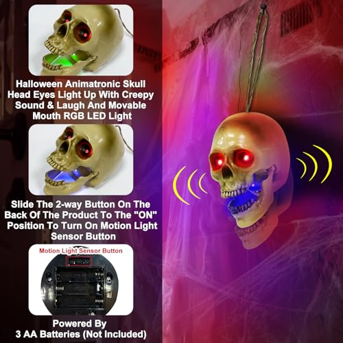 Halloween Animatronic Talking Hanging Skull Head Outdoor Decor - Scary Sound & RGB Lights