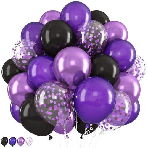 Purple and Black Balloons Set - 12 Inch Metallic Latex Confetti Party Decor - Variation: Purple Black