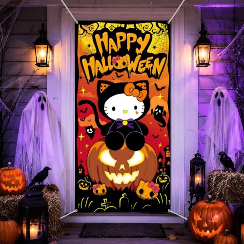 Halloween Door Cover Decorations Pumpkin Ghost Cat Front Door Banner - Reusable & Waterproof