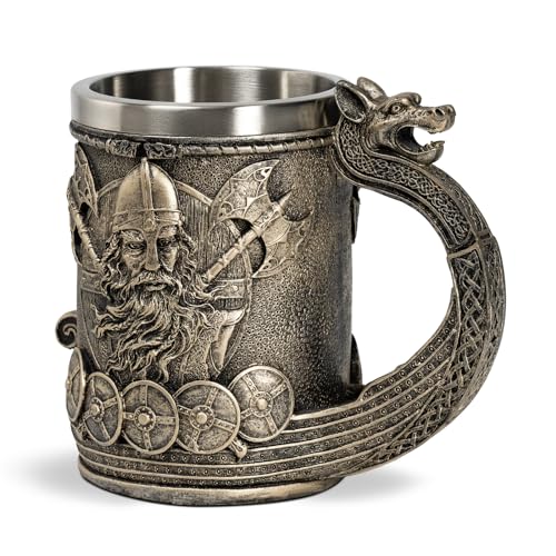Brown Viking Beer Mug with Dragon Handle, 18 Oz Coffee Cup, Medieval Style