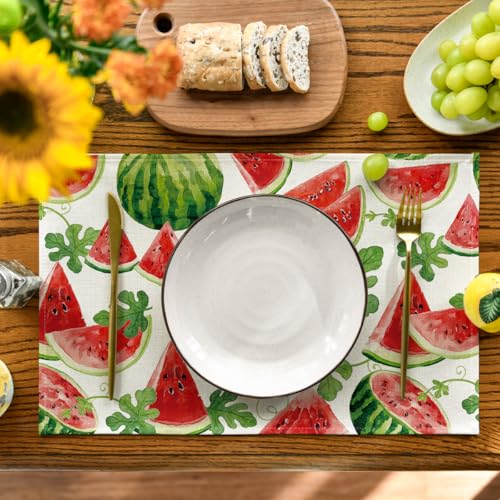 Watermelon Fruit Summer Placemats Set of 4 - 12x18 Inch Rectangular Red Table Mats for Dining & Party