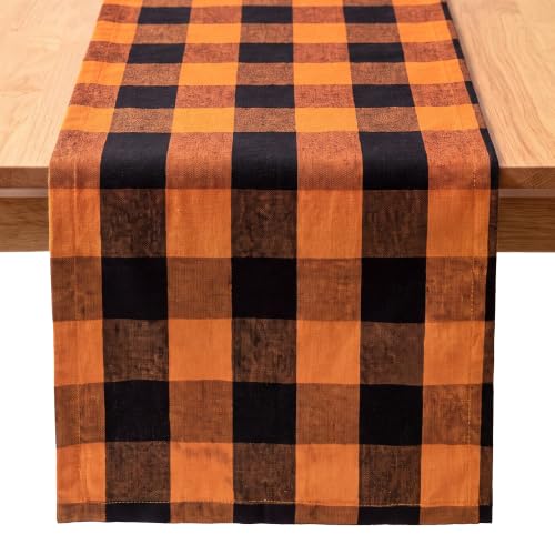 Halloween Table Runner 14x108 Inch - Buffalo Check Cotton Table Decor - Orange Black