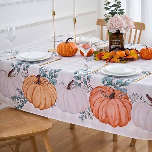 Fall Tablecloth 60x84 Inch Rectangular Pumpkin Buffalo Plaid Outdoor Holiday Cover - Water Resistant