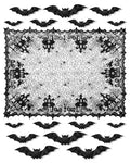 Black Lace Halloween Tablecloth 53x68 Inches with Bat Wall Stickers - Gothic Decor