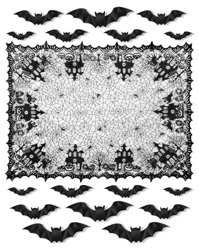 Black Lace Halloween Tablecloth 53x68 Inches with Bat Wall Stickers - Gothic Decor