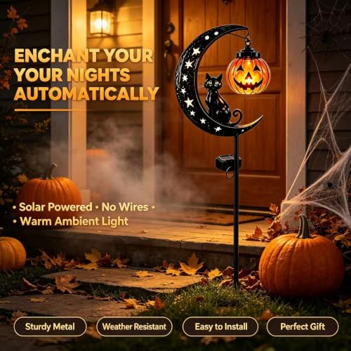 Solar Black Cat Pumpkin Moon Garden Stake Light Set - Outdoor Halloween Decor - Variation A